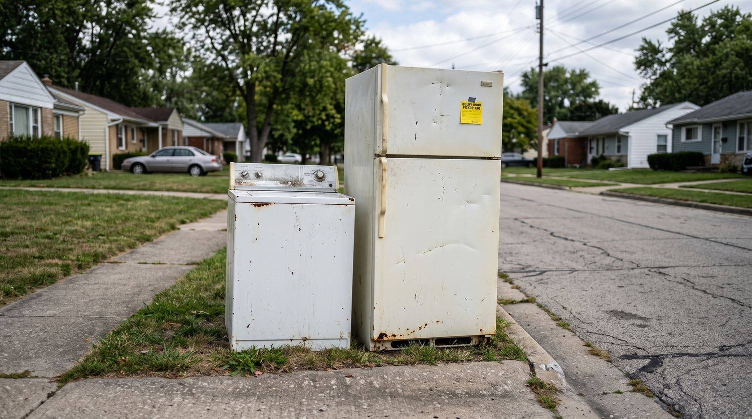 An old refrigerator and washing machine sitting at the curb waiting for appliance removal in Dothan, Alabama