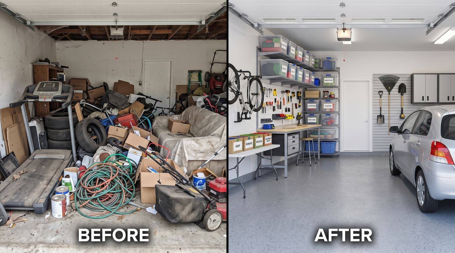 Garage cleanout underway in Dothan, Alabama with boxes, old tools and lawn equipment stacked for pickup