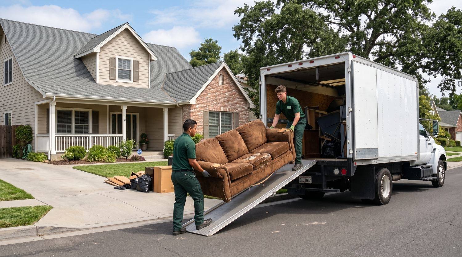 Two junk removal workers carrying an old sofa across a driveway and loading it into a box truck in Dothan, Alabama