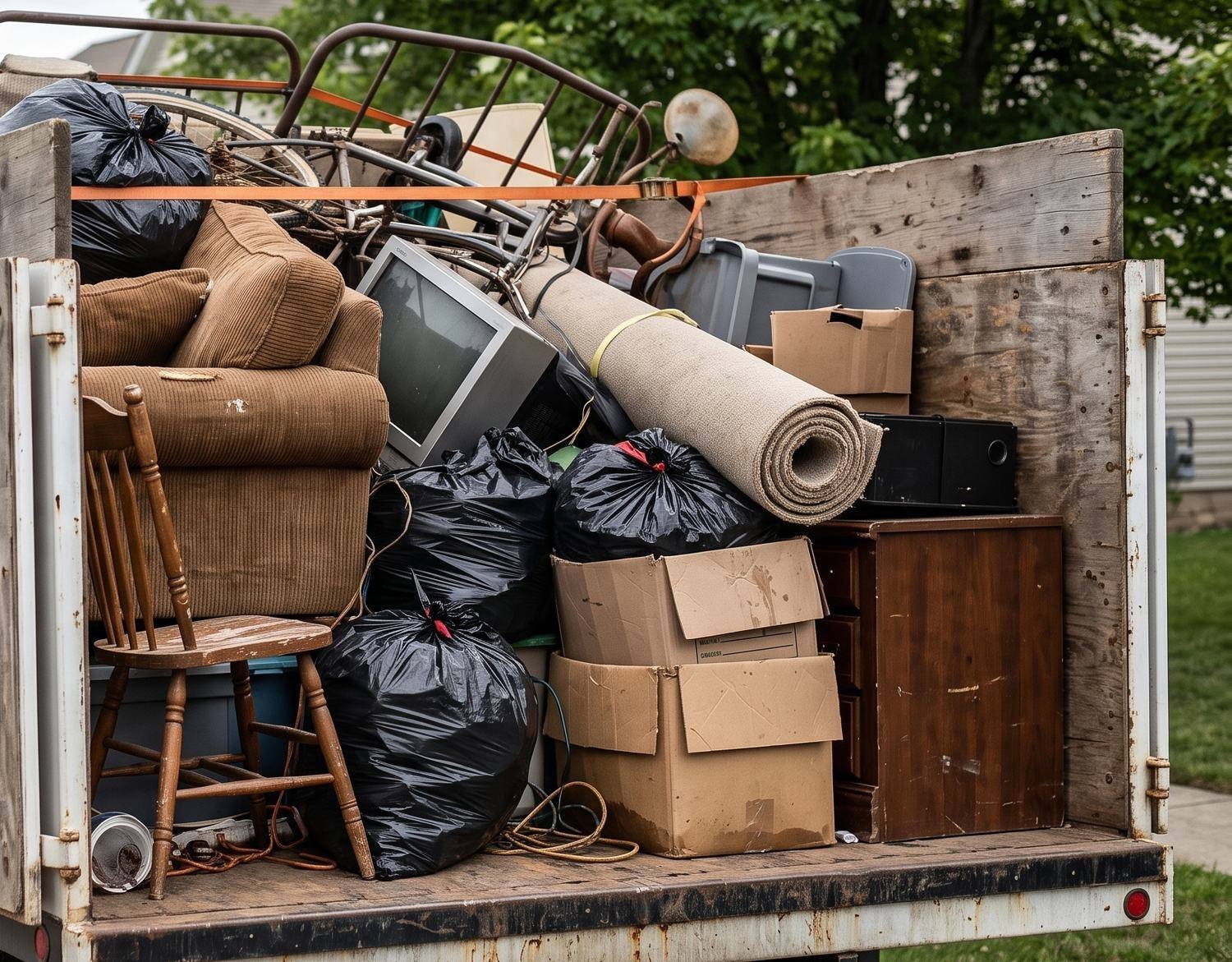 Junk removal truck loaded with old furniture, mattresses and household junk in the Wiregrass