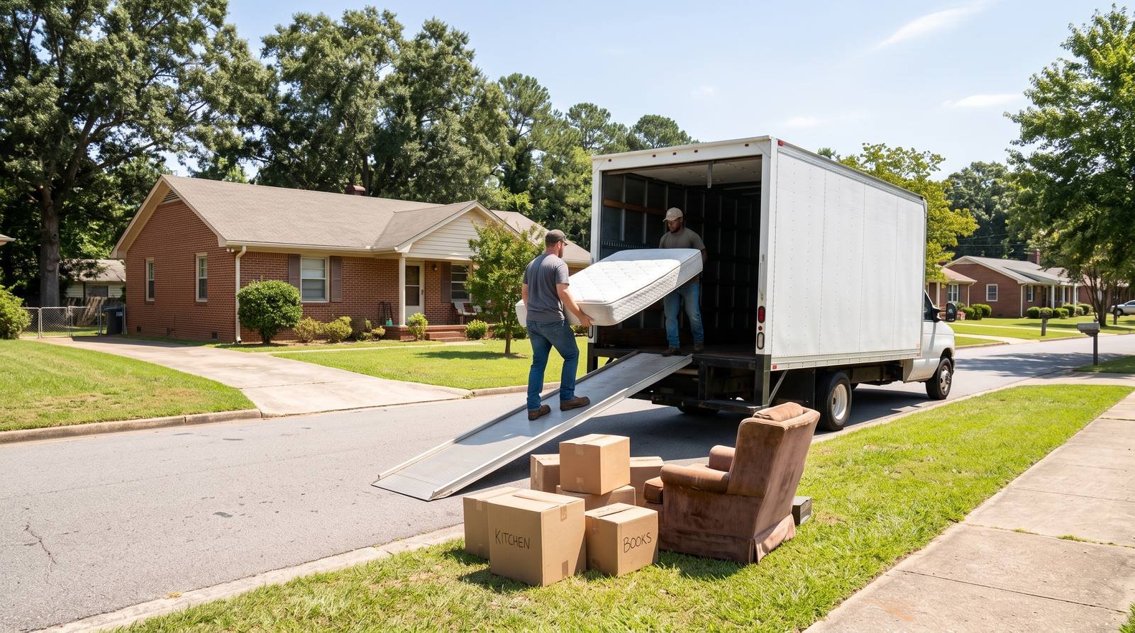 Two workers carrying a mattress up a ramp into a box truck outside a brick house, with boxes and an armchair set out on the lawn
